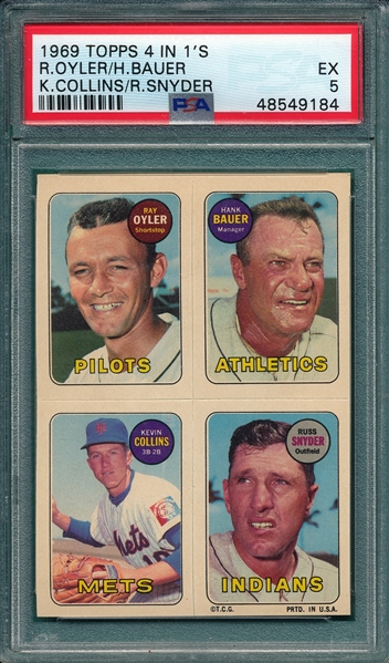 1969 Topps Baseball 4 In 1's, Oyler/Bauer/Collins/Snyder, PSA 5