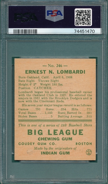 1938 Goudey #246 Ernie Lombardi, Reds, Black Ball, PSA 3 