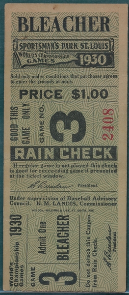 1930 World Series Game #3 Ticket Stub, Cardinals vs. Athletics