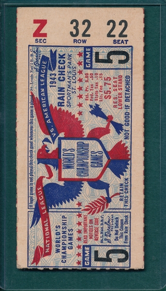 1943 World Series Game #5 Ticket Stub, Cardinals vs. Yankees