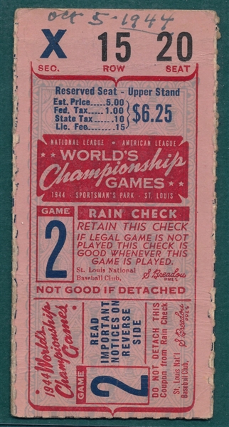 1944 World Series Game #2 Ticket Stub, Cardinals vs. Browns