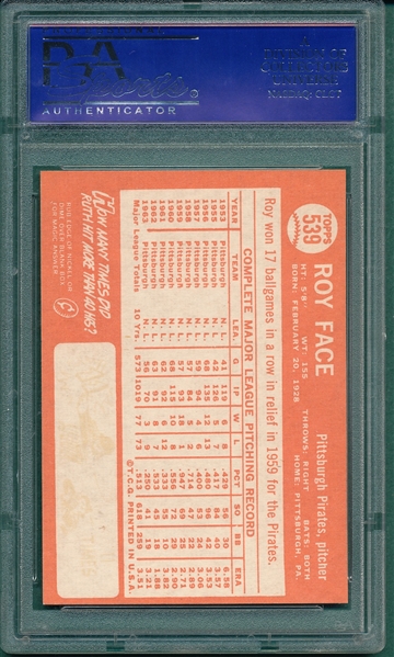 1964 Topps #539 Roy Face PSA 8 