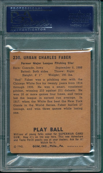 1940 Play Ball #230 Red Faber PSA 3.5 *Superman*