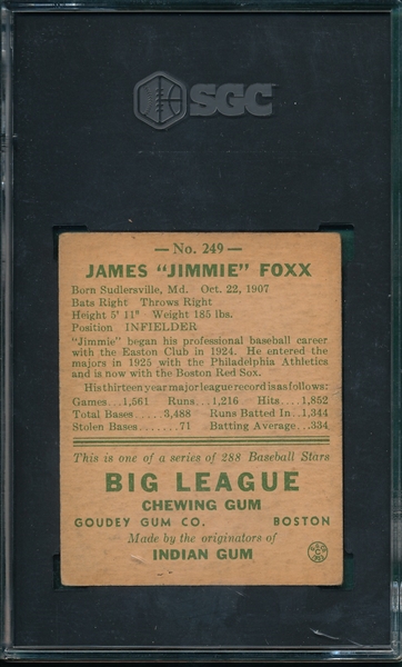 1938 Goudey Heads Up #249 Jimmy Foxx SGC 3