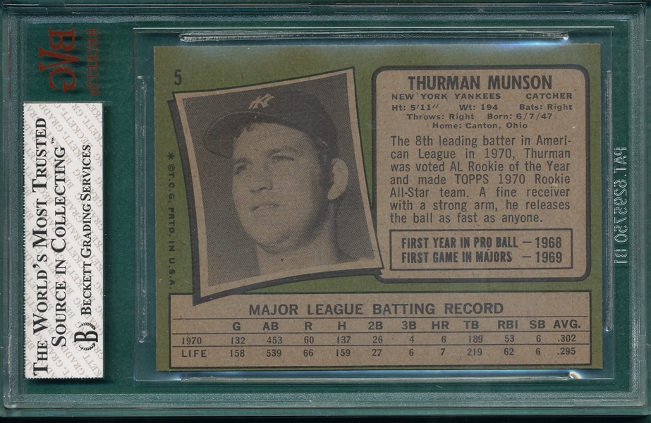 1971 Topps #5 Thurman Munson BVG 8