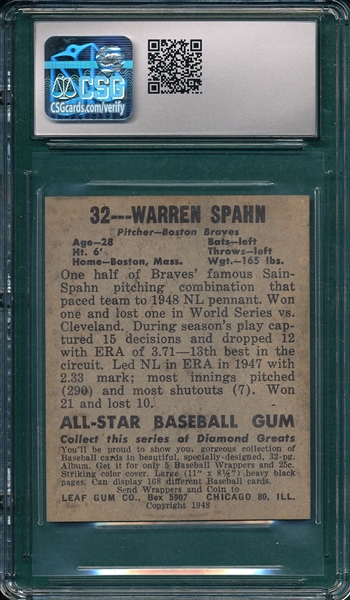 1948 Leaf #32 Warren Spahn CSG Authentic *Rookie*