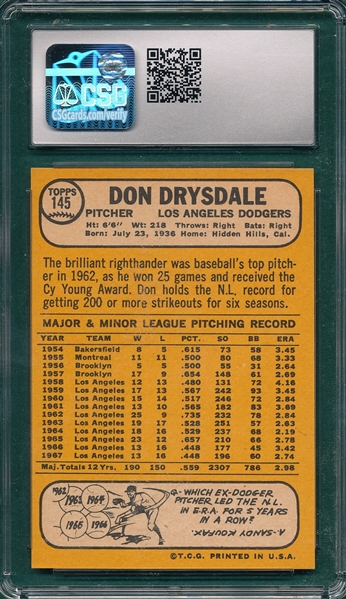 1968 Topps #145 Don Drysdale CSG 8