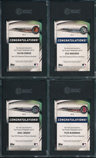2022 Bowman Platinum Top Prospects Lot of (4) Autographed Cards W/ Cowser SGC 10/9