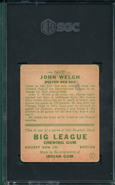 1933 Goudey #93 Welch & #115 Heathcote, Lot of (2), SGC 1