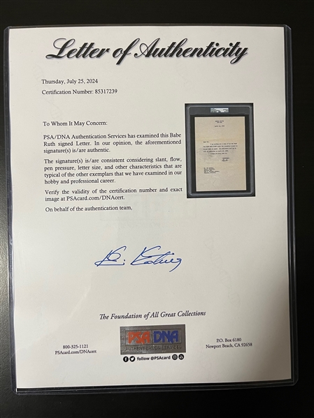 Babe Ruth Signed Letter PSA/DNA Authentic 