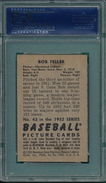 1952 Bowman #43 Bob Feller PSA 6