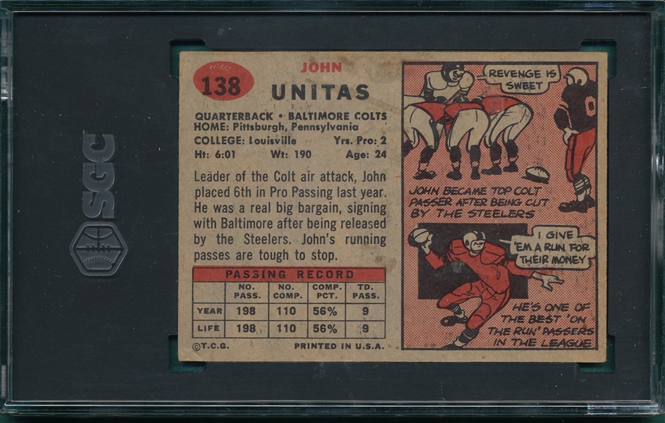 1957 Topps FB #138 John Unitas SGC 3 *Rookie*