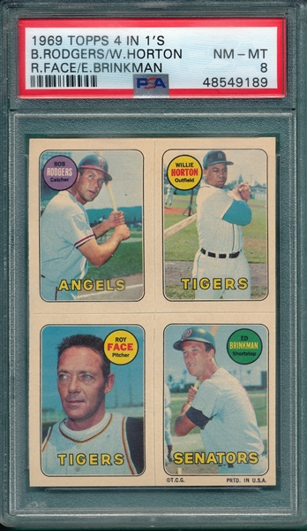 1969 Topps Baseball 4 In 1's, Rodgers/Horton/Face/Brinkman, PSA 8