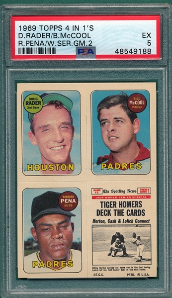 1969 Topps Baseball 4 In 1's, Rader/McCool/Pena/WS GM #2, PSA 5