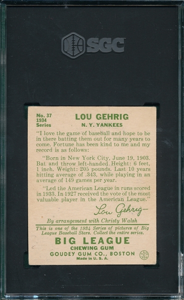 1934 Goudey #37 Lou Gehrig SGC Authentic