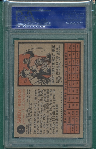 1962 Topps #5 Sandy Koufax, PSA 5