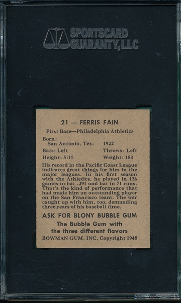 1948 Bowman #21 Ferris Fain SGC 92