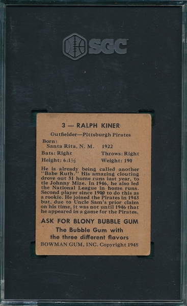 1948 Bowman #3 Ralph Kiner SGC 2 *Rookie*