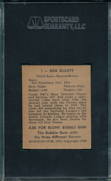 1948 Bowman #1 Bob Elliott SGC 84