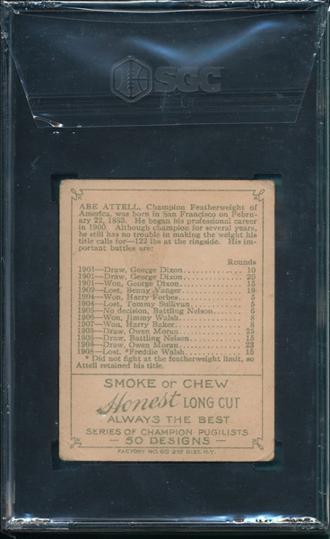 1910 T219 Abe Attell Honest Long Cut SGC 1.5