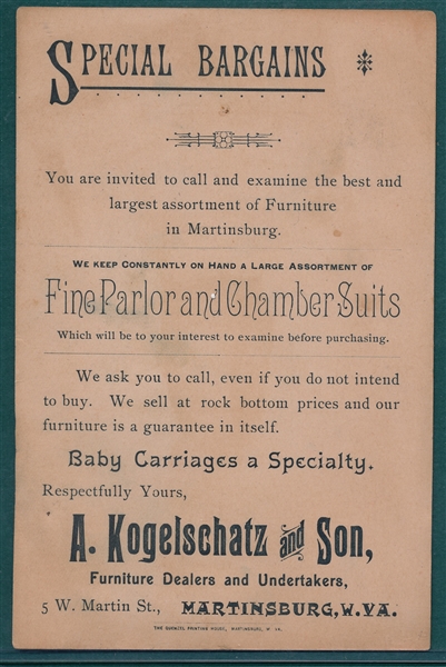 1880s A. Kogelschatz & Son, Furniture Dealer & Undertaker, Baseball Trade Card