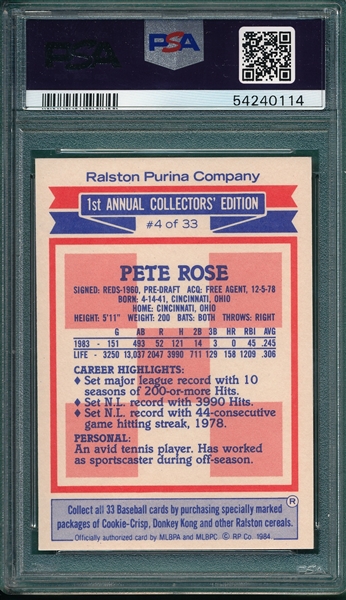 1984 Ralston Purina #4 Pete Rose PSA 10 *Gem Mint*