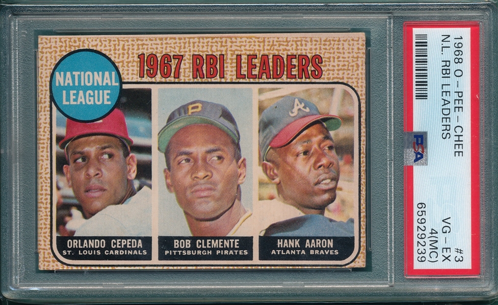 1968 O-Pee-Chee #3 NL RBI Leaders W/ Clemente & Aaron, PSA 4 (MC)