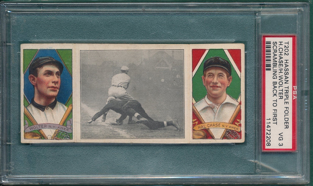 1912 T202 Scrambling Back To First, Wolter/Chase, Hassan Cigarettes PSA 3