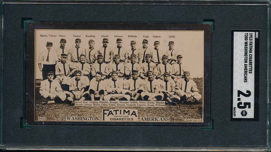 1913 T200 Washington Americans Fatima Cigarettes W/ Walter Johnson, SGC 2.5