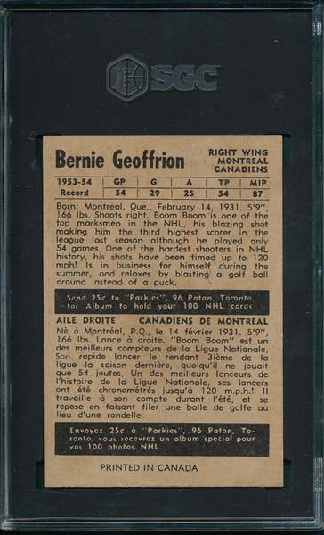 1954-55 Parkhurst #8 Bernie Geoffrion SGC 4