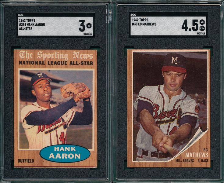 1962 Topps #30 Mathews & #394 Aaron, AS, Lot of (2) SGC