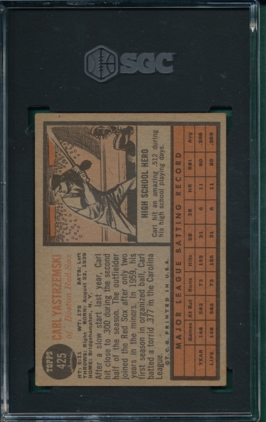 1962 Topps #425 Carl Yastrzemski SGC 5