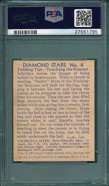 1934-36 Diamond Stars #4 Buddy Myer PSA 6