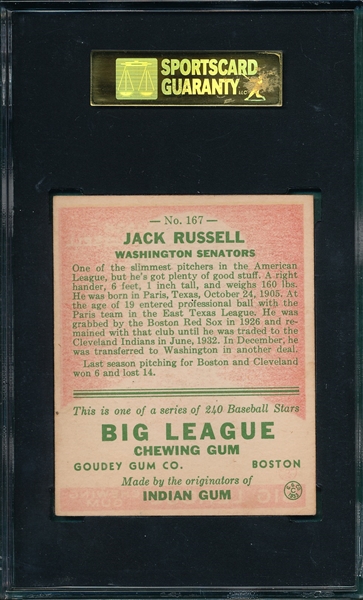 1933 Goudey #167 Jack Russell SGC 80 