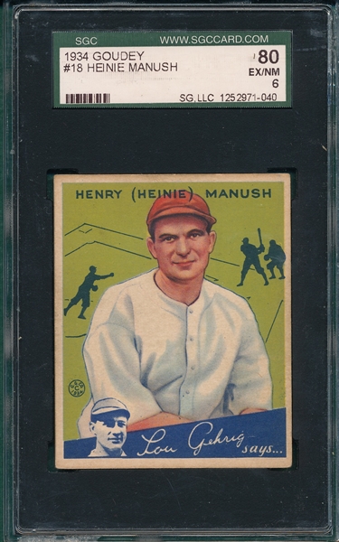 1934 Goudey #18 Heinie Manush SGC 80 