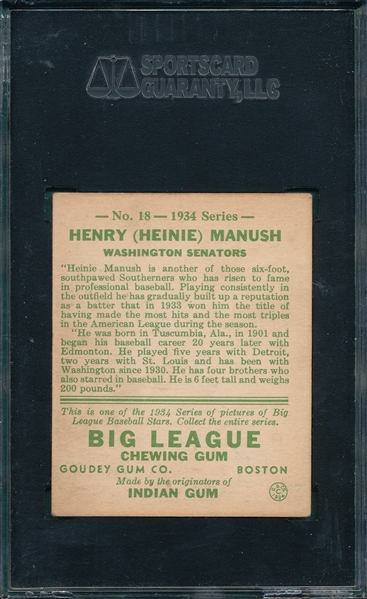 1934 Goudey #18 Heinie Manush SGC 80 