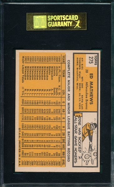 1963 Topps #275 Ed Mathews SGC 88