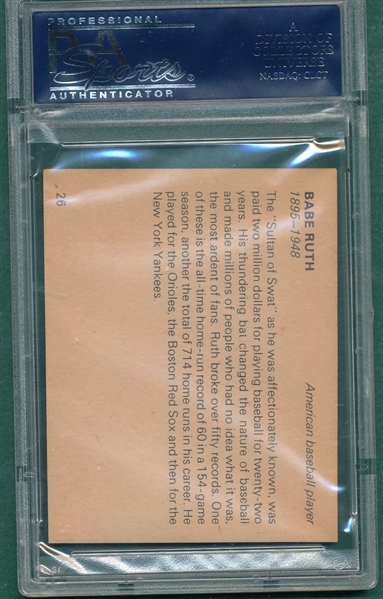 1965 Bancroft Tiddlers #26 Joe Davis PSA 7 W/ Babe Ruth, Back 