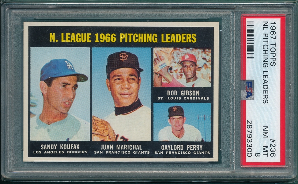 1967 Topps #236 NL Pitching Leaders W/ Gibson & Koufax, PSA 8