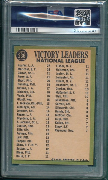 1967 Topps #236 NL Pitching Leaders W/ Gibson & Koufax, PSA 8