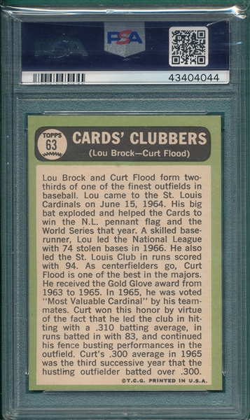 1967 Topps #63 Cards Clubbers W/ Lou Brock PSA 8