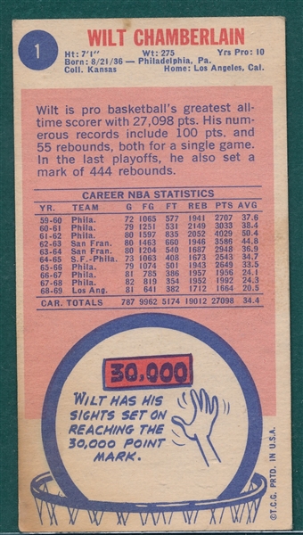 1969 Topps Basketball #1 Wilt Chamberlin