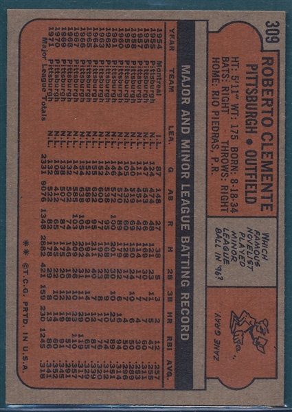 1972 Topps #309 Roberto Clemente