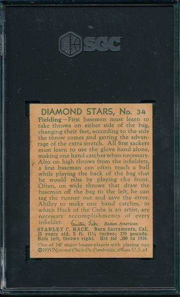 1934-36 Diamond Stars #34 Stan hack SGC Authentic