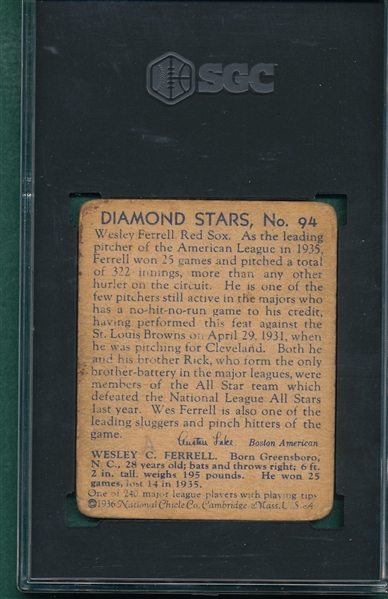 1934-36 Diamond Stars #94 Wes Ferrell SGC 1