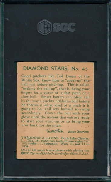 1934-36 Diamond Stars #43 Ted Lyons SGC 1.5