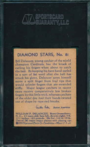 1934-36 Diamond Stars #81 Bill Delancy SGC 40