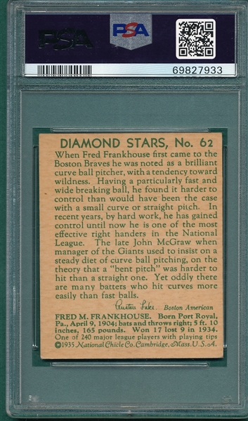 1934-36 Diamond Stars #62 Fred Frankhouse PSA 5