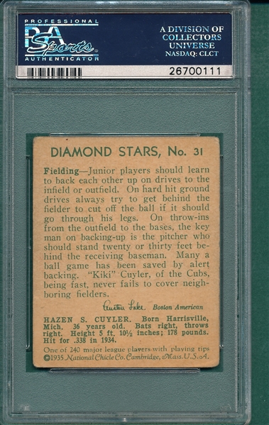 1934-36 Diamond Stars #31 Kiki Cuyler PSA 3