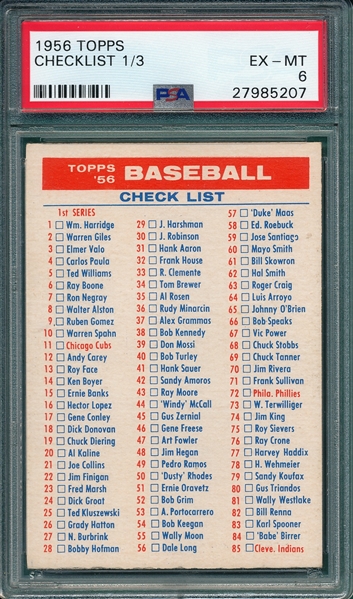 1956 Topps Checklist 1/3 PSA 6